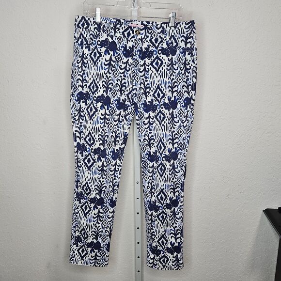 Lilly Pulitzer Callahan Chino Pants Navy White Elephant Ikat Print Size 8 - Picture 1 of 6